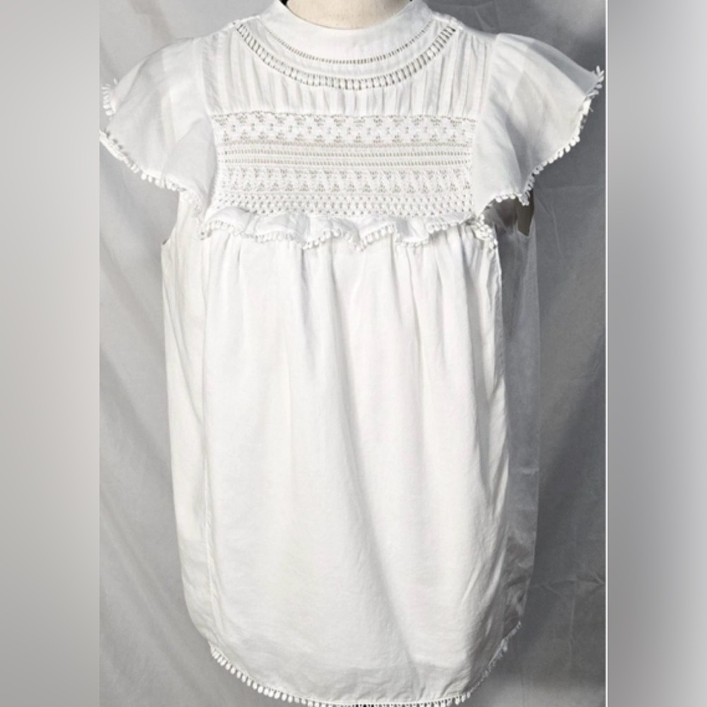 J CREW marked and embroidered flutter sleeve, high neck peasant top, size medium